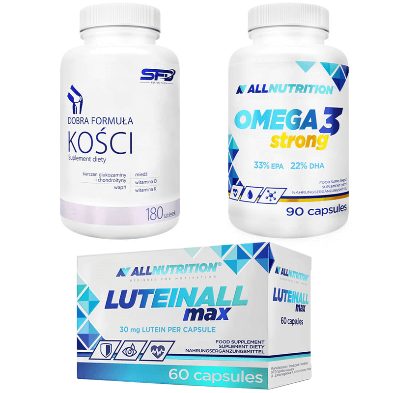 ALLNUTRITION OMEGA 3 STRONG 90caps + LUTEINALL MAX 60kaps + DOBRA FORMUŁA KOŚCI 180 tabs