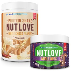 NUTLOVE Protein Shake White Choco Peanut 630g + Arachidy W Ciemnej Czekoladzie 300g GRATIS