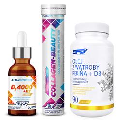 Witamina D3 4000+K2 krople 30ml + OLEJ Z WĄTROBY REKINA+D3 90kapsułek + COLLAGEN-BEAUTY 20tabletek