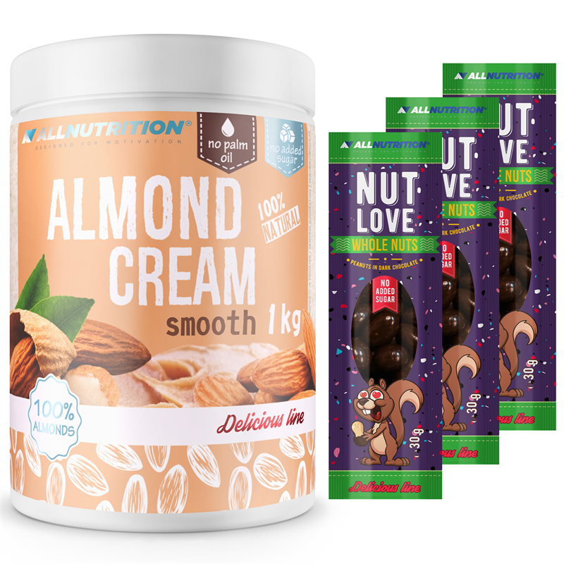 ALLNUTRITION Almond Cream 1000g + 3x Nutlove Wholenuts - Arachidy W Ciemnej Czekoladzie 30g Gratis