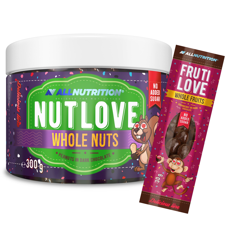 ALLNUTRITION Nutlove Wholenuts - Arachidy W Ciemnej Czekoladzie 300g+FRUTILOVE WHOLE FRUITS 30G GRATIS