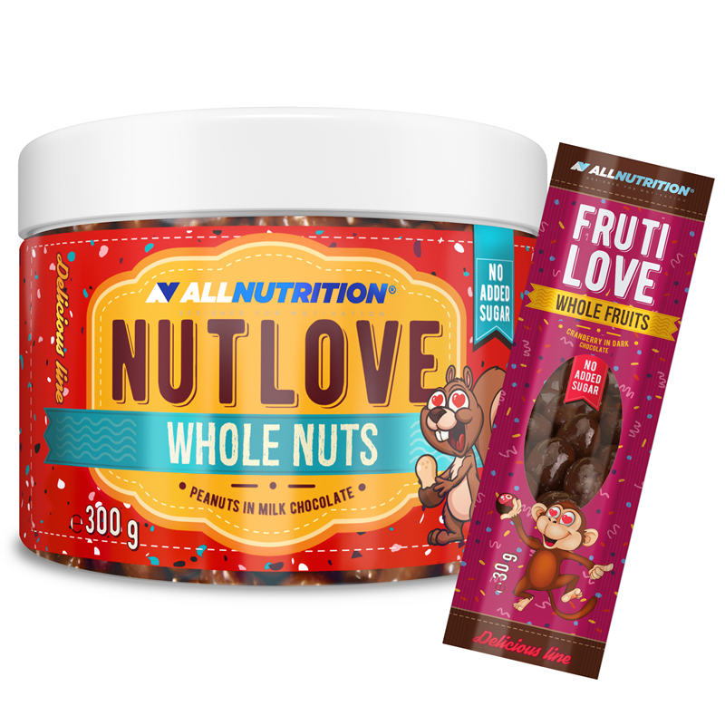 ALLNUTRITION Nutlove Wholenuts - Arachidy W Mlecznej Czekoladzie 300g+FRUTILOVE WHOLE FRUITS 30G GRATIS