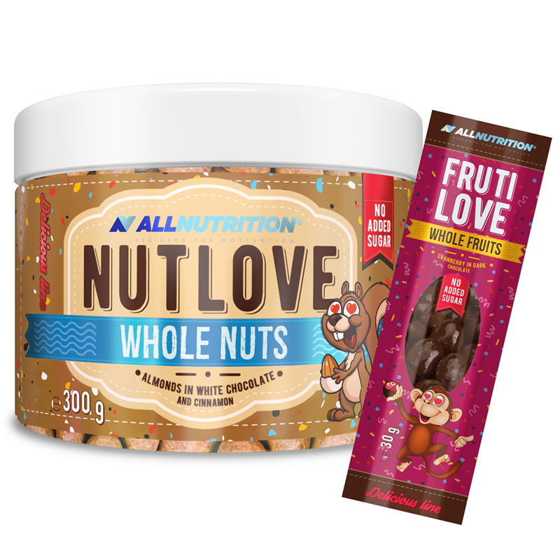ALLNUTRITION Nutlove Wholenuts - Migdały W Białej Czekoladzie I Cynamonie 300g+FRUTILOVE WHOLE FRUITS 30G GRATIS