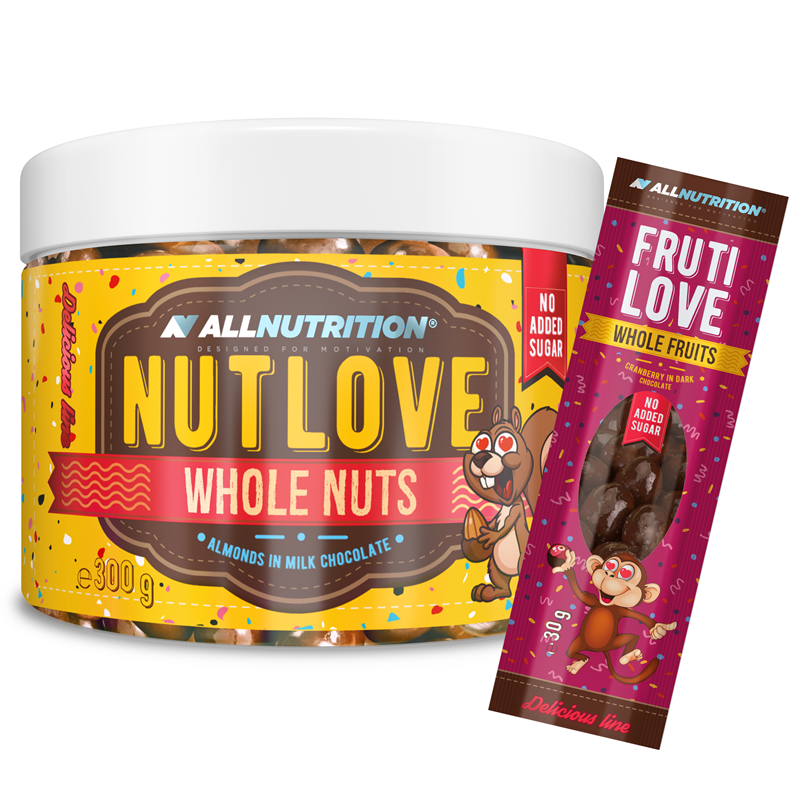 ALLNUTRITION Nutlove Wholenuts - Migdały W Mlecznej Czekoladzie 300g+FRUTILOVE WHOLE FRUITS 30G GRATIS