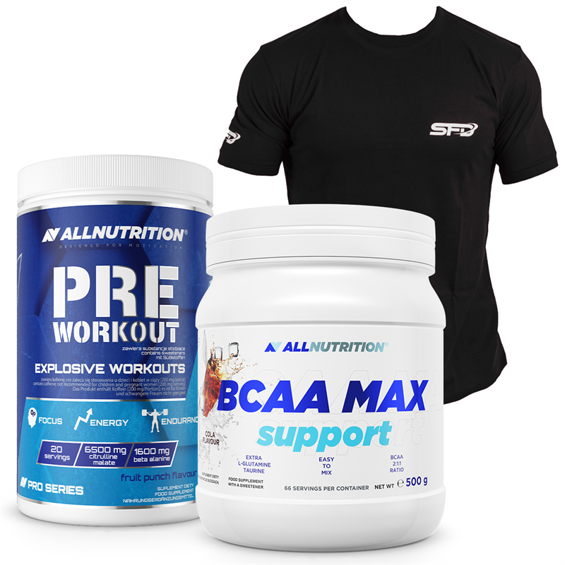 ALLNUTRITION Pre Workout Pro Series 600g+BCAA Max Support 500g+T-Shirt Athletic Czarny GRATIS