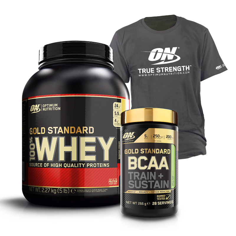 Optimum Nutrition Whey Gold Standard 100%+BCAA Train + Sustain + T-shirt