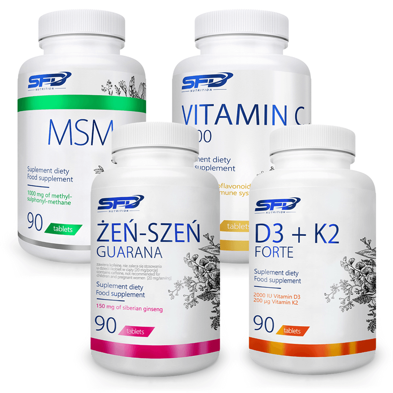 SFD NUTRITION Witamina D3+K2 Forte 90 tab + Żeń-Szeń Guarana 90 tab + MSM 90tab + Vitamin C 1000 90 tab