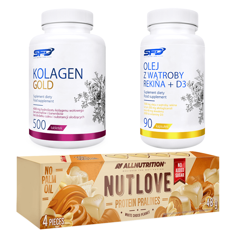 ALLNUTRITION PROTEIN PRALINES 48g + KOLAGEN GOLD 500tabs + OLEJ Z WĄTROBY REKINA 90kaps